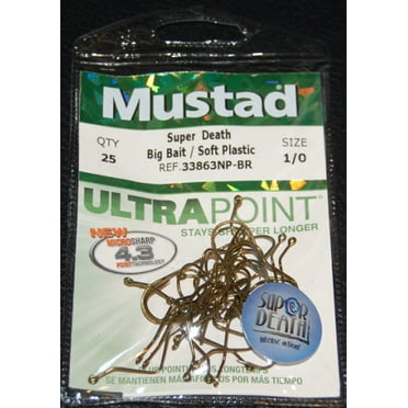 Package of 25 Mustad Size 1 Slow Death Red Ultra Point Fishing Hooks